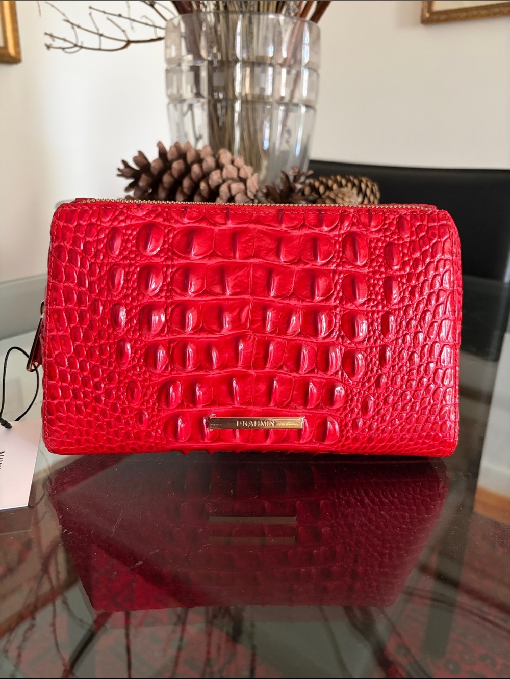 Brahmin Bright Red Croc-Embossed Zip Cosmetic Case